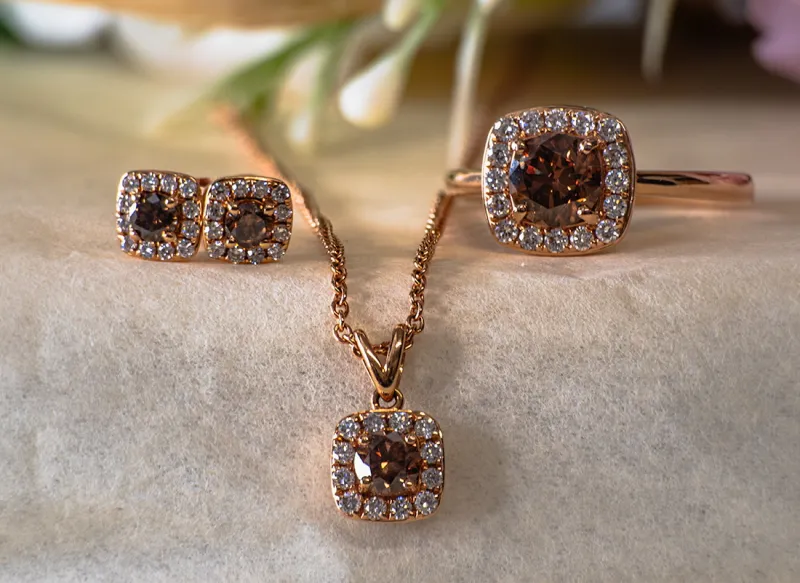 Cushion Cut Brown Diamond Halo Ring, Pendant and Stud Earrings Set in 18ct Rose Gold 1.20ct
