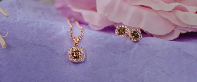 Cushion Cut Brown Diamond Halo Ring, Pendant and Stud Earrings Set in 18ct Rose Gold 1.20ct