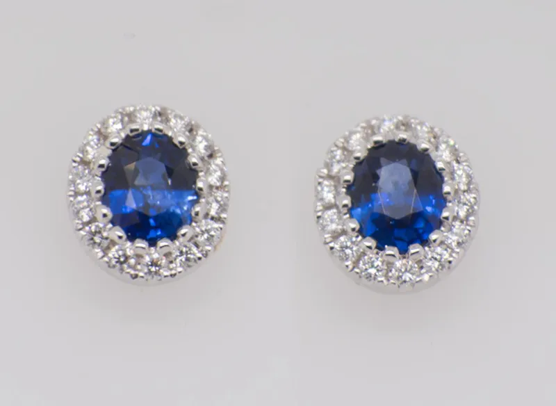 Oval Sapphire and Diamond Halo Stud Earrings in 18ct White Gold