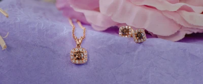 Cushion Cut Brown Diamond Halo Ring, Pendant and Stud Earrings Set in 18ct Rose Gold 1.20ct
