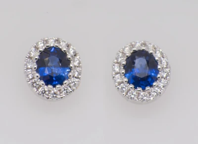 Oval Sapphire and Diamond Halo Stud Earrings in 18ct White Gold